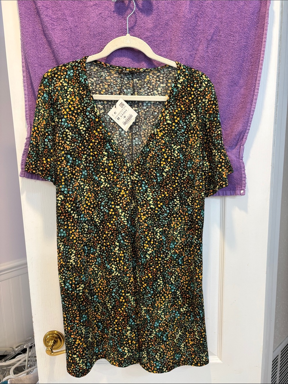 NWT Zara Black  Dress with Yellow and Teal Floral Dot Print